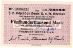 Bremen , Banknote 500.000 Mark Schein unc-kfr. Keller 585.d , Niedersachsen 1923 Inflation