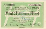 Bremen , Banknote 5 Millionen Mark Schein unc-kfr. Keller 585.e , Niedersachsen 1923 Inflation