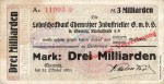 Chemnitz , Banknote 3 Milliarden Mark Scheck in gbr. Keller 756... Sachsen 1923 Inflation