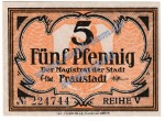 Fraustadt , 5 Pfennig Schein in kfr. Tieste 1945.05.20 , Posen o.D. Verkehrsausgabe