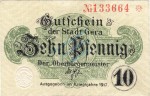 Gera , Notgeld 10 Pfennig Schein unc-kfr. Ti.2180.20.02 , Thüringen 1917 Verkehrsausgabe