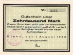 Glehn , Banknote 10.000 Mark Schein unc-kfr. Keller 1803.a , Rheinland 1923 Inflation