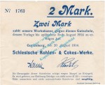 Gottesberg , Notgeld 2 Mark Schein in gbr. Diessner 129.1.b , Niederschlesien 1914 Notgeld 1914-15