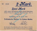 Gottesberg , Notgeld 2 Mark Schein in kfr. Diessner 129.2.b , Niederschlesien 1914 Notgeld 1914-15