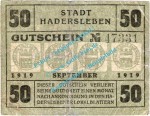 Hadersleben , Notgeld 50 Pfennig Schein in gbr. Tieste 2695.10.20 , Nordschleswig 1919 Verkehrsausgabe