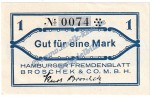 Hamburg , Fremdenblatt Broscheck Notgeld 1 Mark in kfr. M-G 530.1 , Hamburg o.D. Seriennotgeld