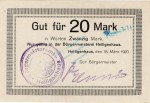 Heiligenhaus , Banknote 20 Mark Schein unc-kfr. Geiger 229.03 , Rheinland 1920 GrossnotgeldHeiligenhaus , Banknote 20 Mark Schein unc-kfr. Geiger 229.03 , Rheinland 1920 Grossnotgeld