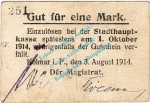 Kolmar , Notgeld 1 Mark Schein in gbr. Diessner 184.2 , Posen 1914 Notgeld 1914-15