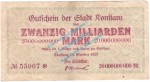 Konstanz , Notgeld 20 Milliarden Mark Schein in gbr. Keller 2796.q , Baden 1923 Inflation