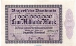 Länderbanknote , 1 Milliarde Mark Schein in f-kfr. BAY-17, Ros.732, S.936 , vom 01.10.1923 , Bayerische Notenbank