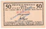 Mannheim , Notgeld 50 Pfennig Schein in kfr. Tieste 4360.20.01 , Baden o.D. Verkehrsausgabe