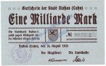 Nassau-Lahn , Banknote 1 Milliarde Mark Schein in kfr. Keller 3725.i , Hessen 1923 Grossnotgeld - Inflation