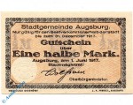 Notgeld Augsburg , Eine halbe Mark Musterschein ohne Kennummer , Tieste 0260.130.35.M , von 1917 , Bayern Verkehrsausgabe