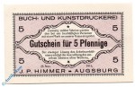 Notgeld Augsburg , J.P. Himmer , 5 Pfennig Schein , Tieste 0260.35.40 , von 1916 , Bayern Verkehrsausgabe