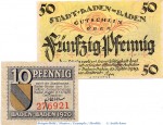 Notgeld Baden Baden , Set mit 2 Scheinen in kfr. Tieste 0285.05.01-05 , 1919-20 , Baden Verkehrsausgabe