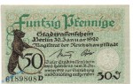 Berlin , 50 Pfennig Schein in kfr. Tieste 0460.245.05 , Brandenburg 1920 Verkehrsausgabe