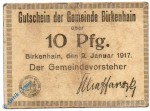 Notgeld Birkenhain , 10 Pfennig Schein gbr , Tieste 0645.05.01 , von 1917 , Oberschlesien Verkehrsausgabe