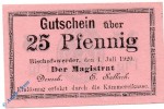 Notgeld Bischofswerder , 25 Pfennig Schein , Pf Rs 5,2 mm , Tieste 0685.05.51 , von 1920 , Westpreussen Verkehrsausgabe