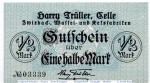 Notgeld Celle , Harry Trüller , 1 halbe Mark Schein , Tieste 1115.25.02 , Niedersachsen Verkehrsausgabe