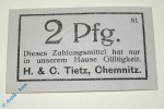 Notgeld Chemnitz , Tietz , 2 Pfennig Schein , Tieste 1135.60.06 , Sachsen Verkehrsausgabe