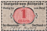 Notgeld Gemeinde Altheide 28.2 , 1 Mark Schein -rot- in kfr. von 1921 , Schlesien Seriennotgeld