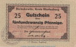 Notgeld Gemeinde Bielschowitz 0625.05.05 , 25 Pfennig Schein in kfr. o.D. Oberschlesien Verkehrsausgabe