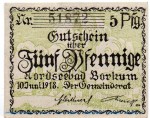 Notgeld Gemeinde Borkum 0845.05.05 , 5 Pfennig Schein in kfr. von 1918 , Niedersachsen Verkehrsausgabe