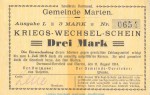 Notgeld Gemeinde Marten , 3 Mark Schein in kfr. Dießner 223.4.c von 1914 , Westfalen Notgeld 1914-15