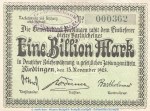 Notgeld Gewerbebank Riedlingen , 1 Billion Mark Schein in kfr. Keller 4573.f von 1923 , Württemberg Inflation