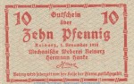 Notgeld Hermann Hanke Reinerz , 10 Pfennig Schein in kfr. Tieste 6005.05.05 von 1918 , Schlesien Verkehrsausgabe