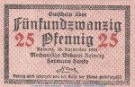 Notgeld Hermann Hanke Reinerz , 25 Pfennig Schein in kfr. Tieste 6005.05.11 von 1919 , Schlesien Verkehrsausgabe