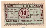 Notgeld Kaufhaus Meyer Hamburg 2765.295.01 , 10 Pfennig Schein in kfr. von 1920 , Hamburg Verkehrsausgabe