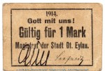 Notgeld Magistrat Dt. Eylau , 1 Mark Schein in gbr. Dießner 80.2 von 1914 , Westpreussen Notgeld 1914-15
