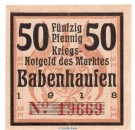 Notgeld Markt Babenhausen 0275.05.15 , 50 Pfennig Schein in kfr. von 1918 , Bayern Verkehrsausgabe