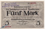 Notgeld Maulbronn , 5 Mark Schein in kfr. E , Geiger 352.01.a , 31.12.1918 , Württemberg Großnotgeld