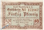 Notgeld Naumburg , 50 Pfennig Schein in kfr. Tieste 4770.10.05 , von 1917 , Provinz Sachsen Verkehrsausgabe