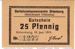 Notgeld Ortenburg , 25 Pfennig Schein in kfr. Tieste 5420.05.05 , von 1919 , Bayern Verkehrsausgabe