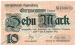 Notgeld Regensburg , 10 Mark Schein in kfr. E , Geiger 440.02.a , 08.10.1918 , Bayern Großnotgeld