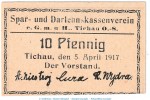 Notgeld Spar-u.Darl. Verein Tichau , 10 Pfennig --Fehldruck O.8.-- in kfr. Tieste 7350.05.20 von 1917 , Schlesien Verkehrsausgabe