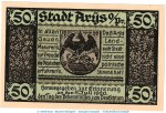 Notgeld Stadt Arys 47.1 , 50 Pfennig Schein in kfr. von 1921 , Ostpreussen Seriennotgeld