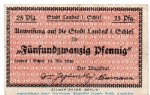 Notgeld Stadt Bad Landeck 3825.15.10 , 25 Pfennig Schein in gbr. 05.1920 , Schlesien Verkehrsausgabe