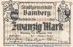 Notgeld Stadt Bamberg , 20 Mark Schein in kfr.E , Geiger 028.02 von 1918 , Bayern Grossnotgeld