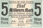 Notgeld Stadt Fürth , 5 Millionen Mark Schein in gbr. Keller 1654.g von 1923 , Bayern Inflation