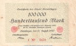 Notgeld Stadt Reutlingen , 100.000 Mark Schein in gbr. Keller 4545.a von 1923 , Württemberg Inflation