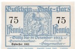 Notgeld Stadt Thale 1320.22 , 75 Pfennig Schein in kfr. von 1921 , Sachsen Anhalt Seriennotgeld