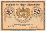 Notgeld Stadt Ueckermünde 1350.1 , 50 Pfennig Schein Nr.1 in kfr. von 1921 , Mecklenburg Vorpommern Seriennotgeld