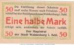 Notgeld Stadt Waldenburg 7660.15.095 , 1 halbe Mark Schein in kfr. o.D. Schlesien Verkehrsausgabe