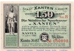 Notgeld Stadt Xanten 1465.1.a , 1,50 Mark Schein Nr 2 in kfr. von 1921 , Westfalen Seriennotgeld