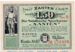 Notgeld Stadt Xanten 1465.1.a , 1,50 Mark Schein Nr 4 in kfr. von 1921 , Westfalen Seriennotgeld