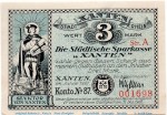 Notgeld Stadt Xanten 1465.1.a , 3 Mark Schein Nr 1 in kfr. von 1921 , Westfalen Seriennotgeld